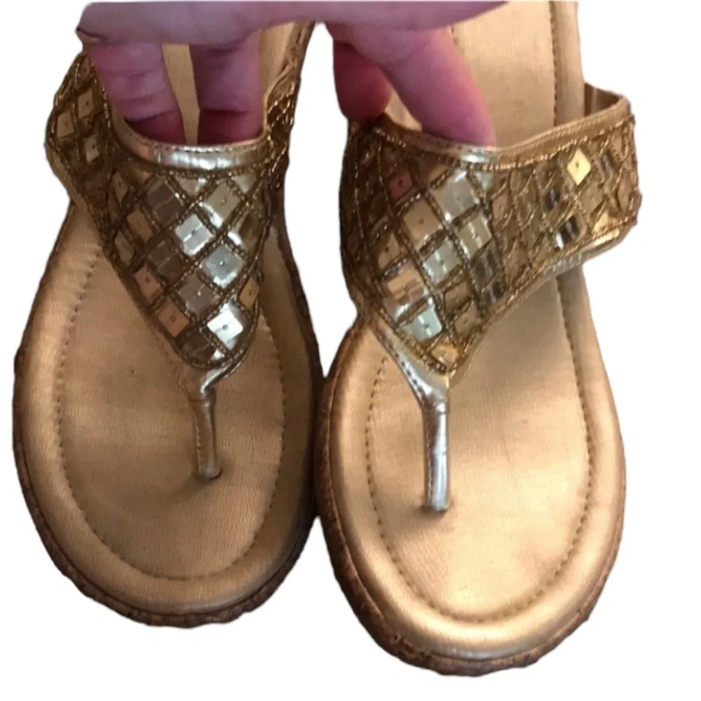 Gold sequin size 10 wedge’s with seed beads and square sequins,Cork heel